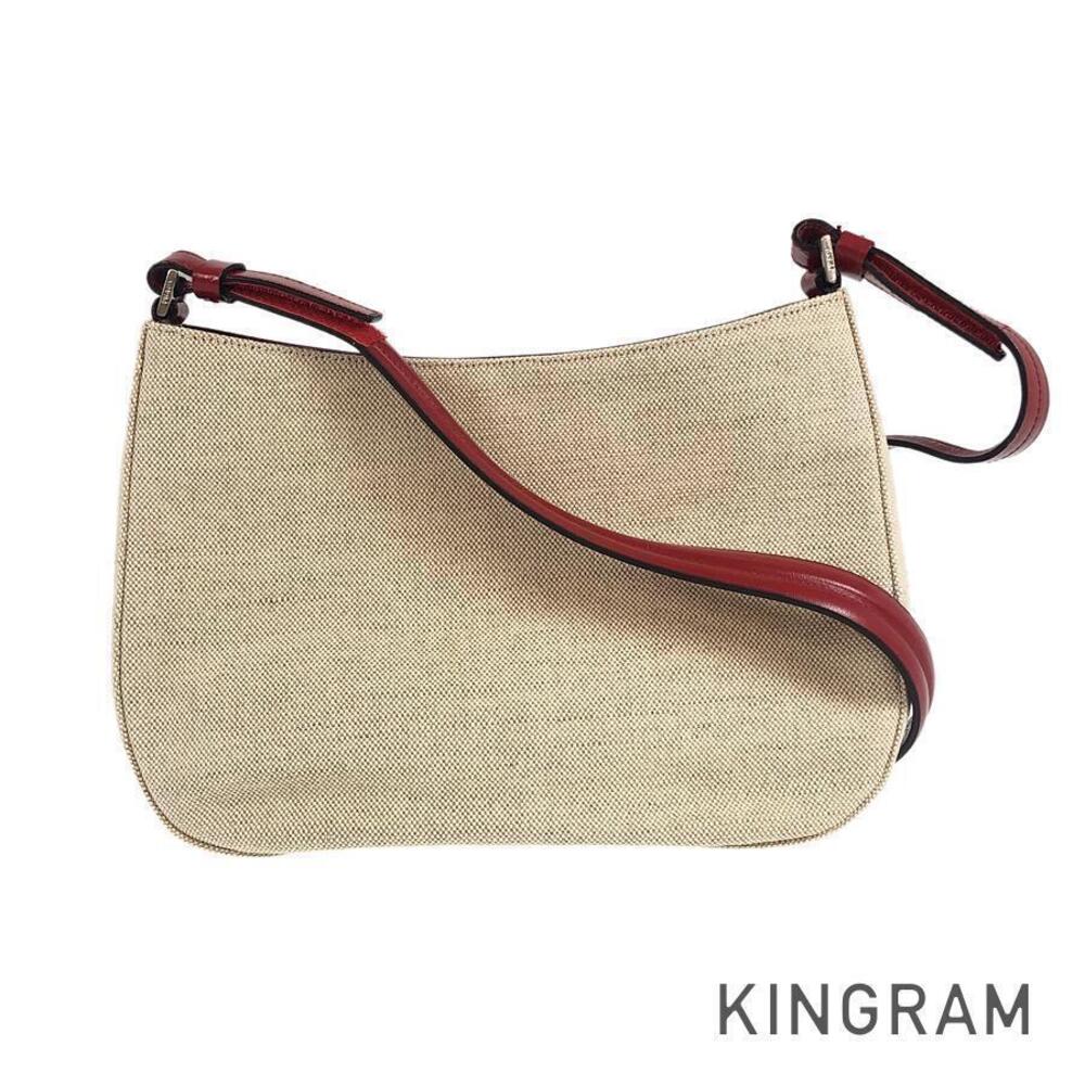 Prada Hobo Bag Beige Red Canvas Leather Shoulder